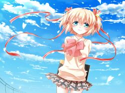  1girl blonde_hair blue_eyes clouds hair_ribbon highres kamikita_komari karasumi_(aiseec) little_busters!! ribbon school_uniform short_hair twintails 