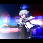  1boy black_clothes chandelure gloves outstretched_hand personification pokemon shiratsuki tagme vest white_hair yellow_eyes 