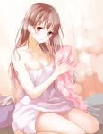  1girl breasts brown_eyes brown_hair character_request cleavage sitting solo towel wariza yatomi 