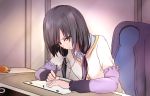  1girl black_hair coco3186 desk drawing earphones green_eyes layered_clothing listening_to_music long_hair long_sleeves looking_down low_twintails pencil serious shirobako sitting solo twintails yasuhara_ema 