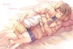  2girls barefoot blonde_hair blush breasts brown_hair closed_eyes flower futaba_anzu gebyy-terar hair_flower hair_ornament idolmaster idolmaster_cinderella_girls long_hair mimura_kanako multiple_girls school_uniform short_hair sketch skirt sleeping sleeping_on_person smile stuffed_animal stuffed_bunny stuffed_toy twintails yuri 