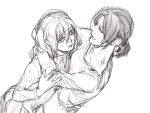  2girls christa_renz from_above hair_between_eyes hug kunihara low_ponytail monochrome multiple_girls shingeki_no_kyojin short_hair short_ponytail sketch touching ymir_(shingeki_no_kyojin) 