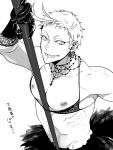  1boy crossdressinging earrings fingernails gloves iwatooshi jewelry long_fingernails looking_at_viewer male_focus nipple_piercing nipples piercing ribs sharp_teeth short_hair simple_background solo touken_ranbu white_background zuwai_kani 