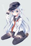  1girl blue_eyes hat hibiki_(kantai_collection) kantai_collection long_hair school_uniform serafuku silver_hair sitting uniform yuzu-aki 