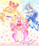  3girls :d amanogawa_kirara aqua_eyes arm_warmers blonde_hair blue_eyes blue_hair blue_skirt boots brooch copyright_name crop_top cure_flora cure_mermaid cure_twinkle earrings flower flower_earrings frills gloves go!_princess_precure hair_ribbon haruno_haruka heart highres jewelry kaidou_minami keiko. knee_boots long_hair low-tied_long_hair magical_girl multicolored_hair multiple_girls open_mouth orange_hair pink_bow pink_hair pink_skirt precure puffy_short_sleeves puffy_sleeves purple_hair quad_tails redhead ribbon shoes short_sleeves skirt skirt_lift smile streaked_hair thigh-highs thigh_boots twintails two-tone_hair v violet_eyes white_boots yellow_skirt 