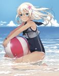  1girl ball bare_legs bare_shoulders beach beachball blue_eyes blue_sky crop_top flower hair_flower hair_ornament kantai_collection long_hair looking_at_viewer neckerchief oniku_(oishii_oniku) ro-500_(kantai_collection) sailor_collar school_swimsuit sitting sky smile swimsuit swimsuit_under_clothes tan tanline wariza 