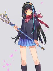  1girl blue_eyes headphones highres isis_(p&amp;d) lacrosse_stick nove_(legge) petals puzzle_&amp;_dragons scarf school_uniform skirt smile solo standing 