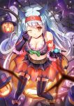  1girl alternate_costume bare_shoulders bat_wings breasts candy cleavage garter_straps hairband halloween hat kantai_collection long_hair pumpkin shoukaku_(kantai_collection) silver_hair solo thigh-highs wings witch_hat 