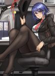  1girl alternate_costume ayakumo black_legwear blazer chair hat hat_removed headwear_removed highres long_sleeves looking_at_viewer miniskirt nagae_iku necktie open_blazer open_clothes pantyhose pink_eyes purple_hair shirt sitting skirt skirt_set smile solo touhou 