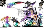  1girl black_gloves boots brown_legwear fingerless_gloves gloves hat hilda_(stella_glow) ideolo long_hair looking_at_viewer navel scythe see-through silver_hair sitting solo stella_glow thigh-highs witch_hat yellow_eyes 