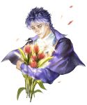  1boy aruolrn blue_hair bouquet cape flower jojo_no_kimyou_na_bouken jonathan_joestar lily_(flower) solo tulip 