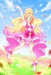  1girl 2015 :d arakawa_tarou blonde_hair blush boots character_name choker clouds copyright_name cure_flora dress earrings english eyelashes gloves go!_princess_precure green_eyes half_updo happy haruno_haruka heart high_heel_boots high_heels highlights highres jewelry long_hair looking_at_viewer magical_girl multicolored_hair open_mouth pink_dress pink_hair precure puffy_sleeves ribbon sky smile solo tiara very_long_hair white_gloves 