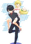  1boy 1girl araragi_koyomi bakemonogatari black_eyes black_hair blonde_hair carrying dress gakuran hair_over_one_eye long_hair monogatari_(series) nisemonogatari oshino_shinobu piggyback pointing school_uniform short_hair yamae_saki yellow_eyes 