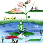  1boy 1girl controller fishing_rod flower frog hat leaf original pageratta pond remote_control simple_background tiara 