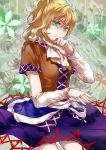  1girl arm_warmers artist_name augetsix blonde_hair covering_mouth crying flower green_eyes looking_at_viewer mizuhashi_parsee ponytail scarf shirt short_hair short_sleeves skirt solo tears touhou 