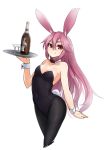  1girl animal_ears bare_shoulders blush bottle bowtie breasts bunny_girl bunny_tail bunnysuit cleavage cocktail_glass detached_collar long_hair looking_at_viewer original pantyhose pink_hair rabbit_ears red_eyes sakura_inu simple_background smile solo tail tray white_background wrist_cuffs 