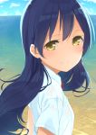  1girl blue_hair blush long_hair looking_at_viewer love_live!_school_idol_project smile solo sonoda_umi tofu1601 yellow_eyes 