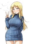  1girl arm_behind_back blonde_hair blue_eyes blush breasts cigarette constricted_pupils cowboy_shot danna_ga_nani_wo_itte_iru_ka_wakaranai_ken dress hair_ornament hairclip large_breasts long_hair pas_(paxiti) ribbed_dress smile smoking solo sweater_dress tsunashi_kaoru turtleneck v 