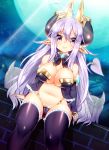  1girl blush breasts cleavage demon_horns demon_tail elbow_gloves eteru_(mofuaki) feathered_wings full_moon gloves horns large_breasts long_hair looking_at_viewer mofuaki moon original pointy_ears purple_hair smile solo tail thigh-highs violet_eyes wings 