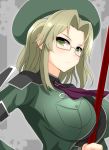  1girl beret blonde_hair blush breast_press breasts cleavage epaulettes female frown glasses green_eyes green_hat hat imu_(senran_kagura) large_breasts looking_at_viewer military military_uniform senran_kagura senran_kagura_(series) senran_kagura_shinovi_versus serious short_hair solo strap_cleavage tsurime uniform watarui 