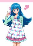  1girl blue_eyes blue_hair blush dress eyelashes fashion hair_ornament happinesscharge_precure! happy heart jacket kagami_chihiro long_hair looking_at_viewer precure shirayuki_hime smile solo standing white_background 