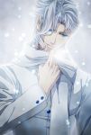  1boy blue_eyes gakuran jojo_no_kimyou_na_bouken kakyouin_noriaki moru palette_swap scarf school_uniform silver_hair snowing solo white_hair 