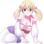  1girl atelier_(series) atelier_rorona bare_shoulders blonde_hair blush breasts cleavage detached_sleeves green_eyes hair_ribbon kusaka_maichi lionela_heinze midriff ribbon scarf solo twintails 