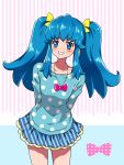  1girl alternate_hairstyle blue_eyes blue_hair blue_shirt blue_skirt blush eyelashes fashion grin hair_ornament hair_ribbon happinesscharge_precure! happy kagami_chihiro long_hair looking_at_viewer precure ribbon shirayuki_hime shirt skirt smile solo standing twintails 
