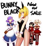  4girls :d ^_^ animal_ears bare_shoulders black_hair blonde_hair blue_eyes breasts bunny_black bunny_girl bunny_tail bunnysuit clapping closed_eyes copyright_name earrings embarrassed fake_animal_ears green_eyes heart horns japanese_clothes jewelry karukaru kimono maid_headdress maki_(bunny_black) meryl_(bunny_black) multiple_girls open_mouth pantyhose pointy_ears purple_hair rabbit_ears rakia_(bunny_black) red_eyes shia_(bunny_black) simple_background skull_print smile sweatdrop tail twintails white_background white_hair wrist_cuffs 