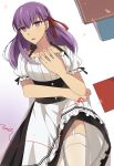  1girl fate/stay_night fate_(series) garter_straps guroto hair_ribbon highres maid matou_sakura purple_hair red_string ribbon solo string violet_eyes 