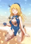  1girl absurdres atago_(kantai_collection) beret blonde_hair breasts cleavage closed_eyes front_zipper_swimsuit gift hat highres kantai_collection long_hair one-piece_swimsuit pita_(pitaani-223) sitting smoke swimsuit torn_clothes wariza 