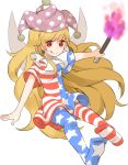  1girl :q american_flag_legwear american_flag_shirt blonde_hair clownpiece fairy_wings frilled_collar hat jester_cap long_hair misha_(hoongju) pantyhose polka_dot red_eyes short_sleeves smile solo star striped tongue tongue_out torch touhou very_long_hair wings 