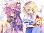  2girls alice_margatroid ascot blonde_hair blue_eyes book bow capelet crescent_hair_ornament hair_bow hair_ornament hairband hat long_hair multiple_girls patchouli_knowledge piyokichi purple_hair shanghai_doll touhou very_long_hair violet_eyes wings 