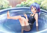  barefoot blue_hair brown_eyes feet leg_up long_hair monokuru original ponytail school_swimsuit sitting smile swimsuit v wading_pool water wet 