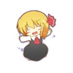  1girl black_dress blonde_hair chibi commentary_request dekasudachin dress fang hair_ribbon long_sleeves open_mouth red_ribbon ribbon rumia short_hair simple_background solo touhou white_background 