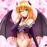  1girl ;) alternate_costume atago_(kantai_collection) bare_shoulders bat_wings blonde_hair breasts bridal_gauntlets character_name cleavage demon_girl demon_horns demon_tail female green_eyes heart highres horns kantai_collection long_hair looking_at_viewer navel one_eye_closed saber-freedom smile solo succubus tail tattoo wings 