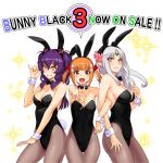  3girls :d \m/ animal_ears bare_shoulders bow breasts brown_eyes brown_hair bunny_black bunny_girl bunny_tail bunnysuit character_request copyright_name detached_collar facial_mark fake_animal_ears fishnet_pantyhose fishnets forehead_mark grin horns karukaru kozelotte locked_arms long_hair multiple_girls open_mouth pantyhose pointy_ears purple_hair rabbit_ears short_hair short_twintails silver_hair simple_background smile sparkle tail twintails white_background wrist_cuffs yellow_eyes 