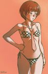  1girl akairiot bikini blush checkered checkered_bikini checkered_necktie cowboy_shot dangan_ronpa freckles green_eyes hand_on_hip koizumi_mahiru necktie redhead short_hair side-tie_bikini small_breasts solo super_dangan_ronpa_2 swimsuit 