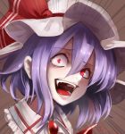  1girl ascot brooch crazy_eyes crazy_laugh fami_(yellow_skies) fangs hat hat_ribbon jewelry looking_at_viewer mob_cap purple_hair red_eyes red_ribbon remilia_scarlet ribbon shirt short_hair solo touhou upper_body 