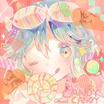  1girl ;q berry_(bery_06) candy candy_candy_(song) carrot character_name gumi lollipop one_eye_closed pale_color portrait short_hair solo song_name star star-shaped_pupils symbol-shaped_pupils tongue tongue_out vocaloid 