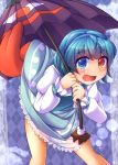  1girl blue_eyes blue_hair blush fun_bo geta heterochromia karakasa_obake open_mouth red_eyes short_hair skirt solo tatara_kogasa tongue touhou umbrella 