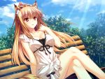  1girl animal_ears bench breasts brown_eyes brown_hair cleavage clouds crossed_legs dress fox_ears fox_tail game_cg highres long_hair miyama_kon mole open_mouth otomimi_infinity sitting sky solo tail yasaka_minato 