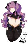  1girl black_legwear bowsow breasts camilla_(fire_emblem_if) cleavage crossed_arms fire_emblem fire_emblem_if hair_over_one_eye large_breasts looking_at_viewer naughty_face purple_hair simple_background smile solo thigh-highs translation_request violet_eyes 