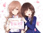  2girls announcement brown_eyes brown_hair closed_eyes collared_shirt commentary_request futaribeya kasumi_(futaribeya) kawawa_sakurako light_brown_hair multiple_girls original petals school_uniform sign yukinokoe 