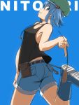  1girl absurdres bare_shoulders belt blue_background blue_boots blue_eyes blue_hair blush blush_stickers boots cattail character_name collarbone denim denim_shorts hair_bobbles hair_ornament hat highres jewelry kaauchi kawashiro_nitori key key_necklace leg_up looking_at_viewer looking_back plant rubber_boots short_hair short_shorts shorts simple_background sleeveless solo tank_top tongue tongue_out tool_belt touhou twintails wrench 