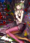  1girl breasts flat_cap flower frills green_eyes gumi hair_flower hair_ornament hand_on_own_chest hat headphones jewelry killer_lady_(vocaloid) looking_at_viewer necklace no.18 paint_splatter short_hair_with_long_locks shorts sideboob smiley_face solo song_name striped striped_legwear tattoo vertical-striped_legwear vertical_stripes violet_eyes vocaloid wristband 