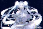  1girl capelet chromatic_aberration flower grey_eyes hand_on_own_chest hatsune_miku headset light_particles long_hair looking_at_viewer manako_(manatera) open_mouth outstretched_hand silver_hair snowflakes solo twintails very_long_hair vocaloid yuki_miku 