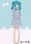  1girl alternate_costume blue_eyes blue_hair blush character_name dress english eyelashes fashion hair_ornament hair_ribbon happinesscharge_precure! happy kagami_chihiro long_hair looking_at_viewer precure ribbon shirayuki_hime shoes smile solo striped striped_dress twintails 