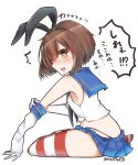  1girl ayakabu black_panties brown_eyes brown_hair cosplay dressing elbow_gloves gloves hairband highleg highleg_panties highres kantai_collection panties sailor_shirt shimakaze_(kantai_collection) shimakaze_(kantai_collection)_(cosplay) short_hair striped striped_legwear thigh-highs underwear yukikaze_(kantai_collection) 