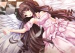  1girl angel_wings brown_eyes brown_hair checkered checkered_floor dress feathers idolmaster idolmaster_cinderella_girls jewelry long_hair necklace open_mouth shimamura_uzuki side_ponytail smile solo toshi_(1-147) wings 